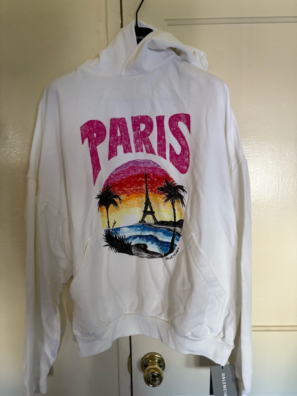 Balenciaga size 2 White Hoodie with Pink Paris & Sunset Graphic